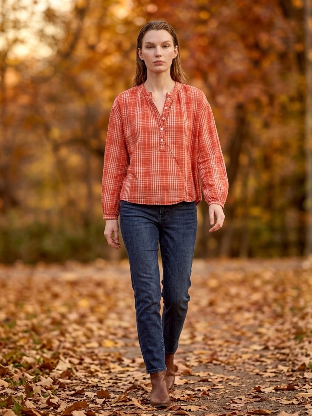Universal Thread Orange Plaid Henley Blouse